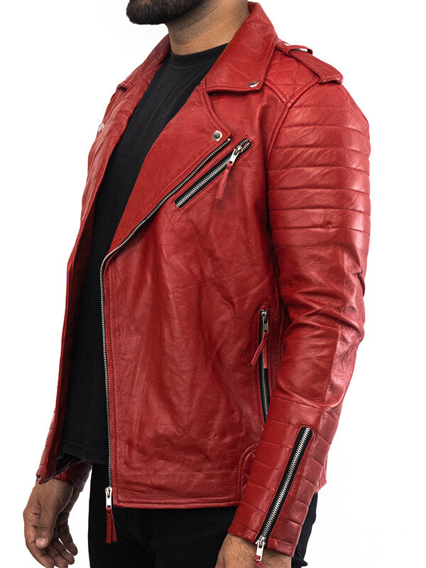 Mens Red Biker lambskin Leather jacket
