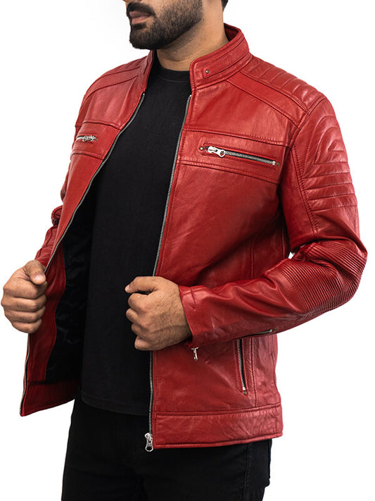 Mens Red Biker Quilted Leather Jacket