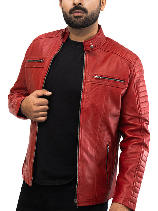 Mens Red Vintage biker Leather Jacket 