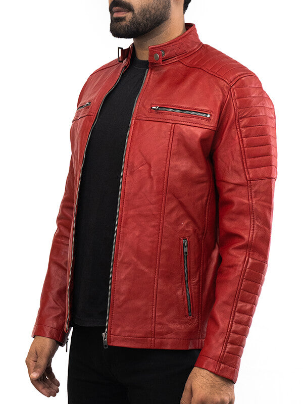 Mens Red Vintage biker Leather Jacket 