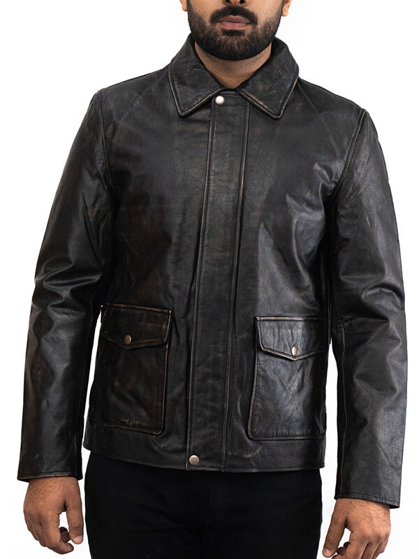 Mens Shirt Collar Biker Black Leather Jacket 