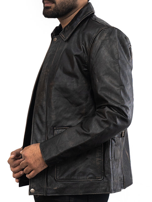 Mens Shirt Collar Biker Black Leather Jacket 