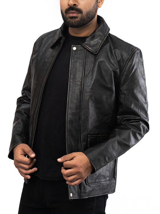 Mens Shirt Collar Biker Black Leather Jacket 