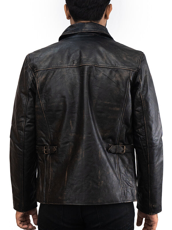 Mens Shirt Collar Biker Black Leather Jacket 
