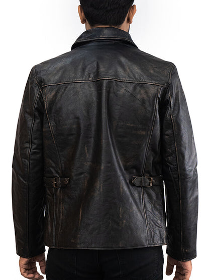 Mens Shirt Collar Biker Black Leather Jacket 