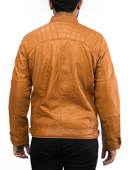 Mens Tan Brown Biker Quilted Leather Jacket
