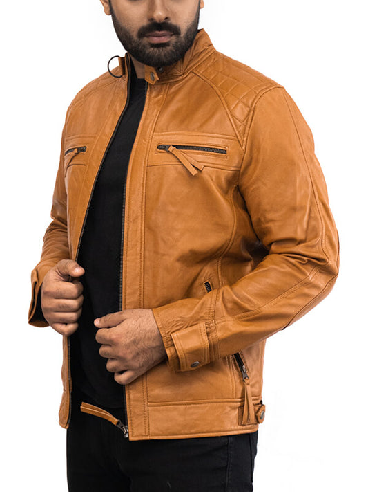 Mens Tan Brown Biker Quilted Leather Jacket