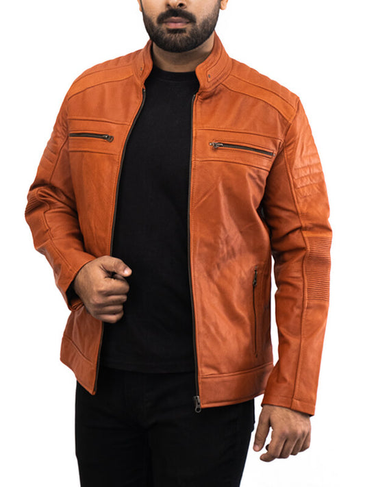 Mens Tan Brown Quilted Leather Jacket