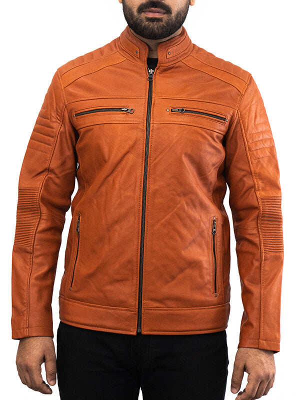 Mens Tan Brown Quilted Leather Jacket