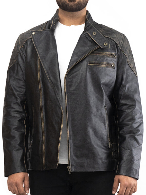 Mens Vintage Quilted Biker Leather Jacket