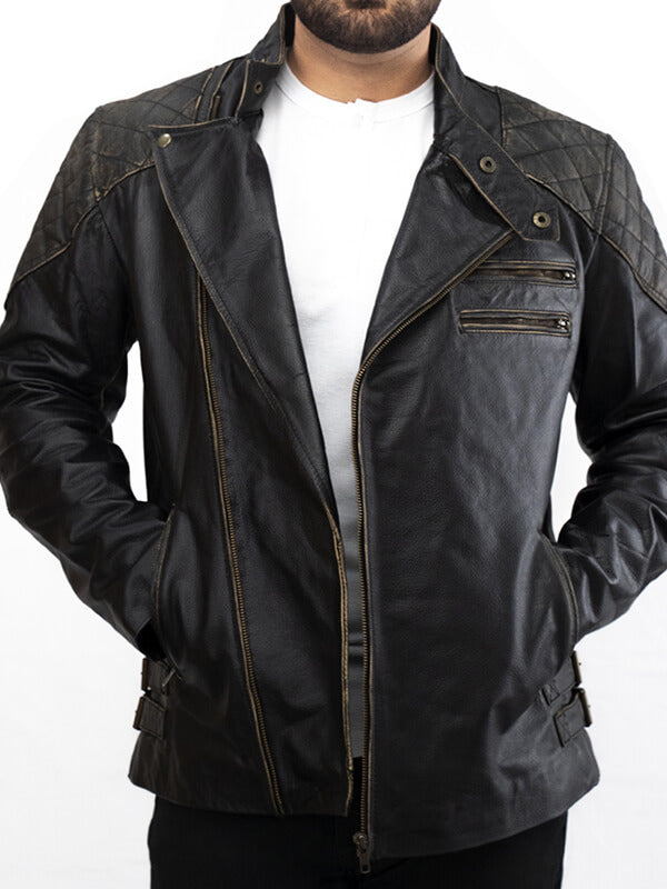 Mens Vintage Quilted Biker Leather Jacket