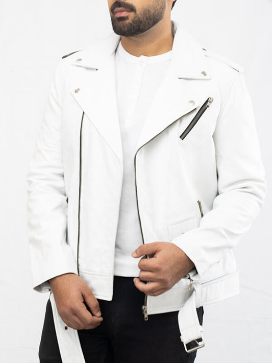 Mens VIntage white Lambskin Leather Jacket