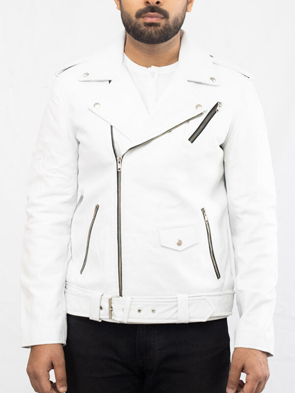 Mens VIntage white Lambskin Leather Jacket