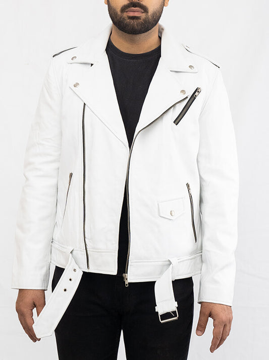 Mens White Biker Lambskin Jeather Jacket