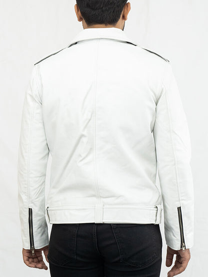 Mens White Biker Lambskin Jeather Jacket