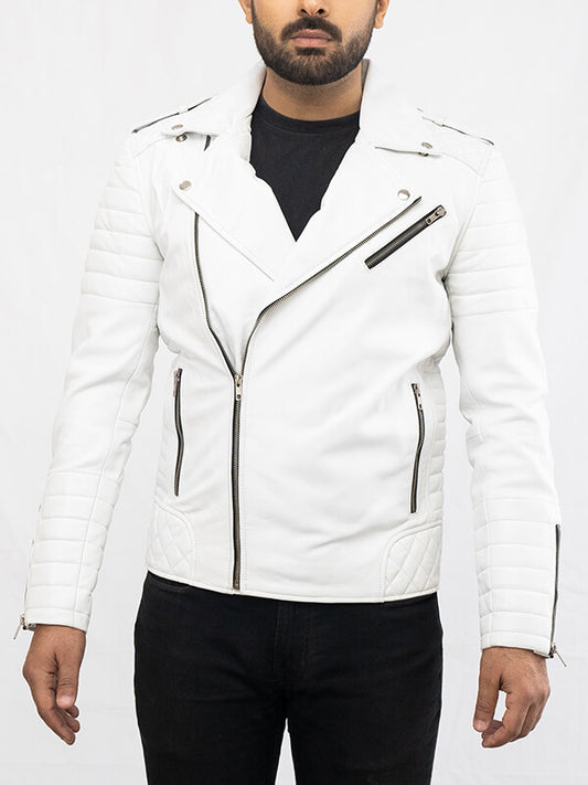 Mens White Quilted Lambskin Leather Jacket
