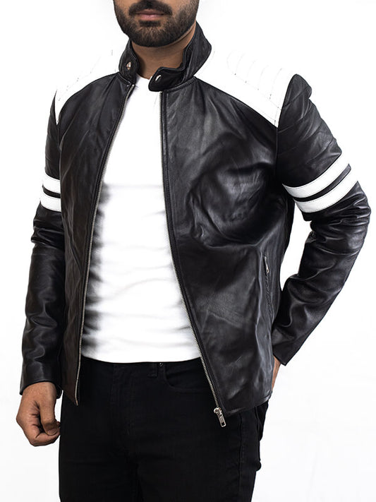 Men's White Stripes Black Biker Leather Jacket