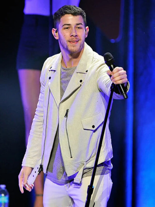 Nick Jonas White Leather Jacket 