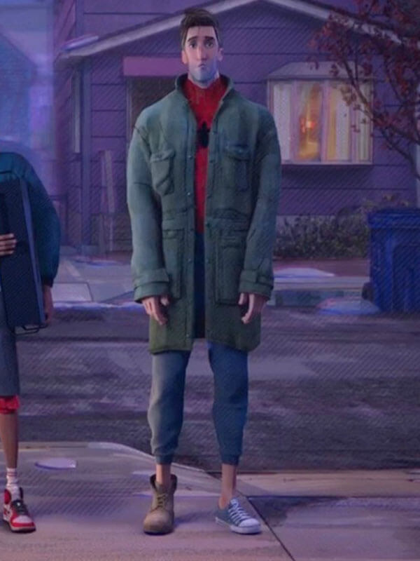 Peter Parker Spiderman Into Spiderverse Green Trench Coat