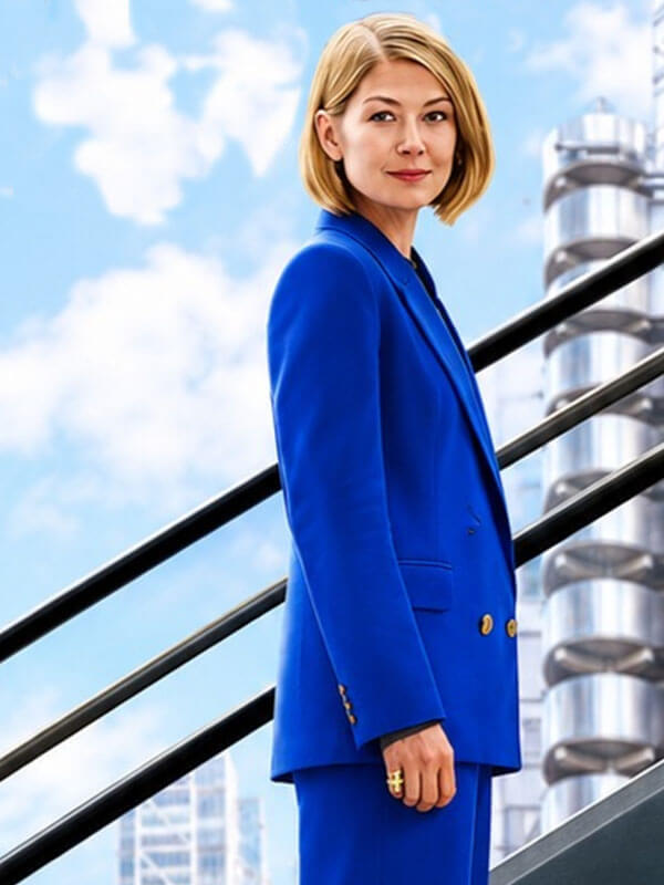 Rosamund Pike Ladies First 2026 Blue Suede Blazer

