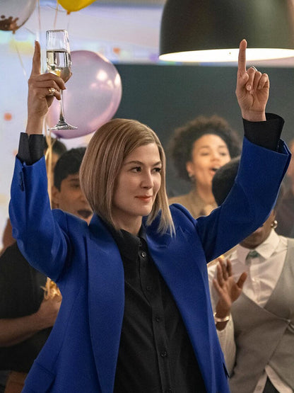 Rosamund Pike Ladies First 2026 Blue Suede Blazer
