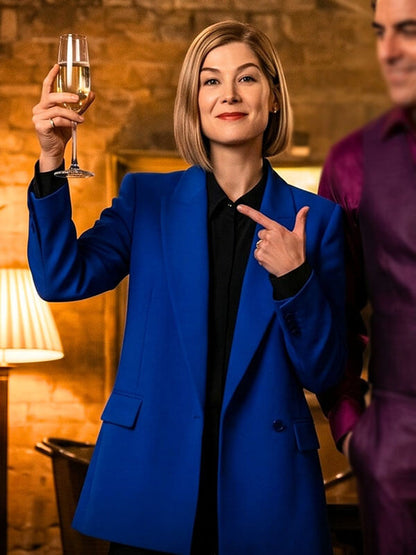 Rosamund Pike Ladies First 2026 Blue Suede Blazer
