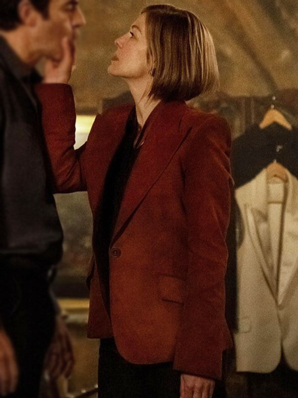 Rosamund Pike Ladies First 2026 Red Suede Blazer