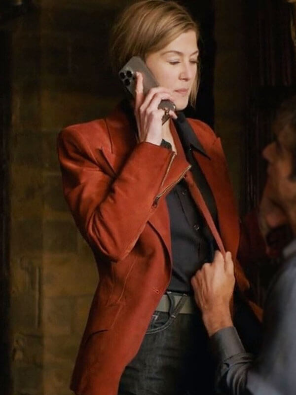 Rosamund Pike Ladies First 2026 Red Suede Blazer