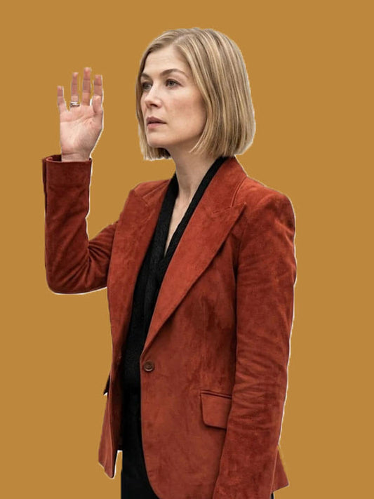 Rosamund Pike Ladies First 2026 Red Suede Blazer