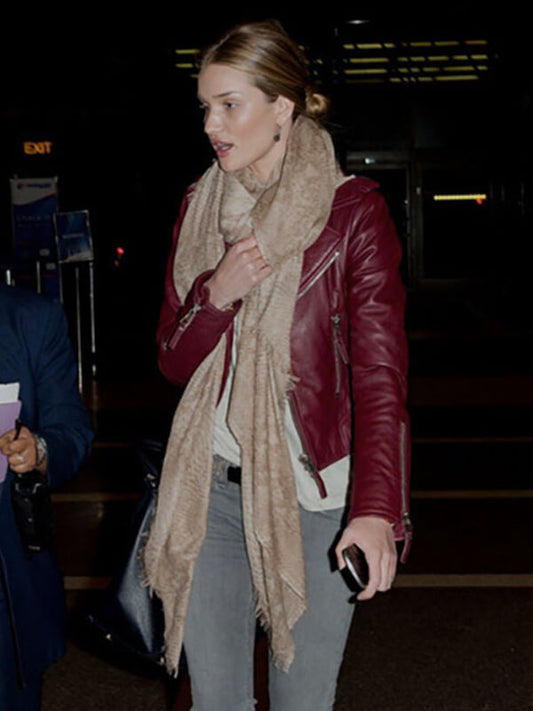 Rosie Huntington Maroon Leather Jacket