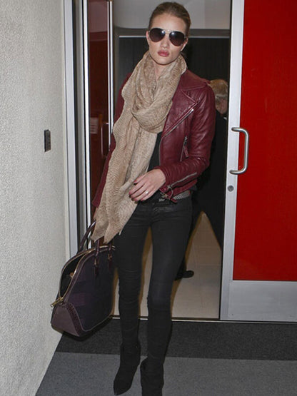 Rosie Huntington Maroon Leather Jacket