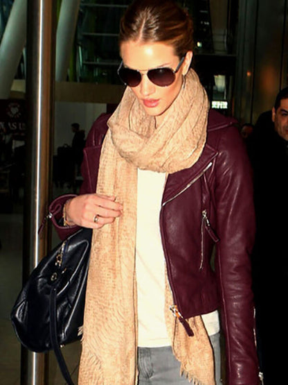 Rosie Huntington Maroon Leather Jacket