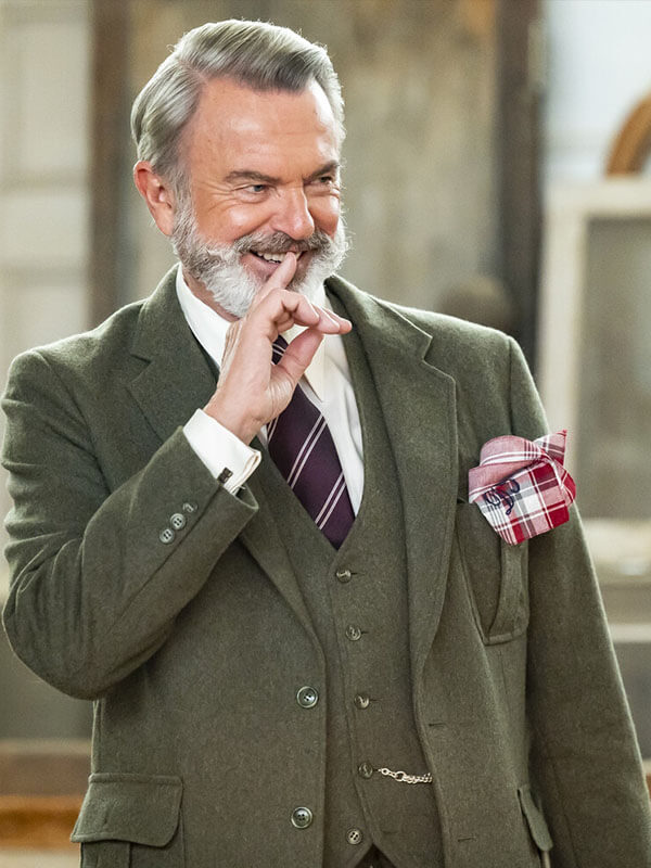 Sam Neil The Portable Door 2023 Green Wool Blazer