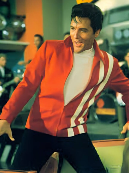 Speedway Red Elvis Presley Red With White Striped Leather Jacket