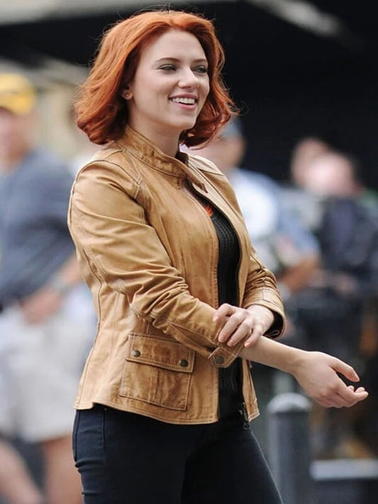 The Avengers Scarlett Johansson Tan Brown leather Jacket